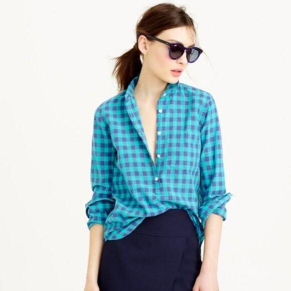 J. Crew 6 Gingham Popover Caribbean Blue - Picture 2 of 5